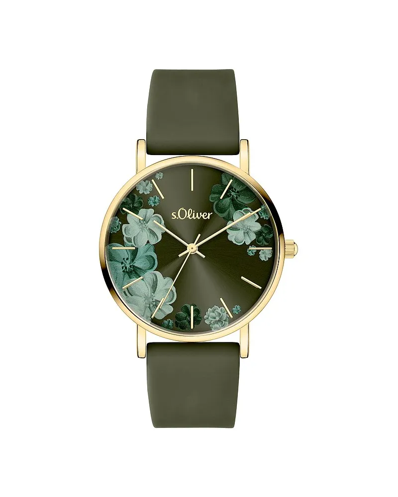 S.Oliver Damenuhr mit schönem Blumenprint auf dem Zifferblatt Gold