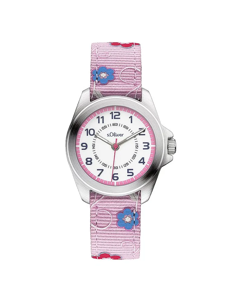 S.Oliver Kinderuhr mit Canvasband in blumigem Design Silber