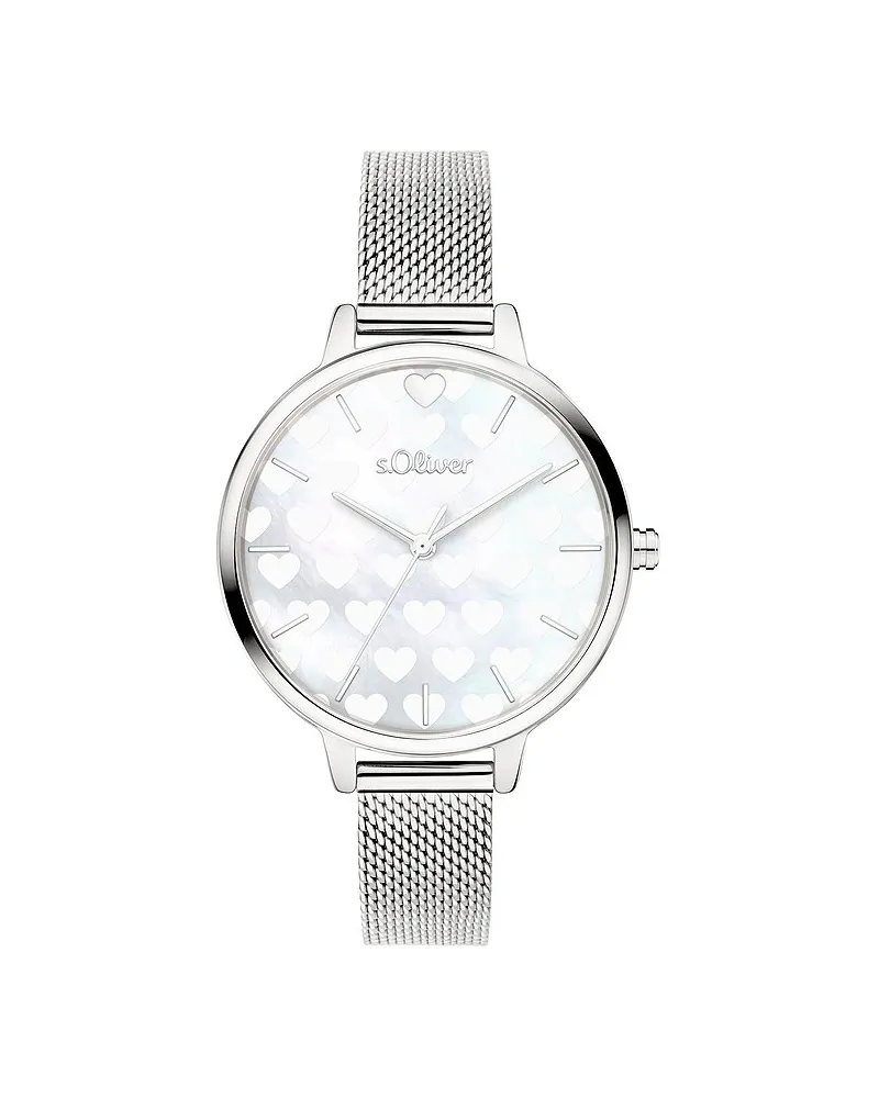 S.Oliver Damenuhr mit Perlmutt- und Herzdetails auf dem Zifferblatt Silber