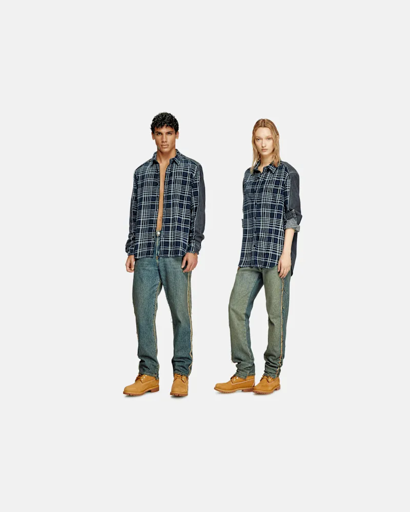 Timberland Überfärbtes Karo- und Denim-Hemd, Blau, Größe Blau