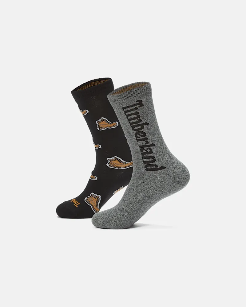 Timberland Timberland durchgehend mit Stiefel-Motiv bedruckte Crew-Socken im 2er-Pack in Schwarz, Schwarz, Größe Schwarz