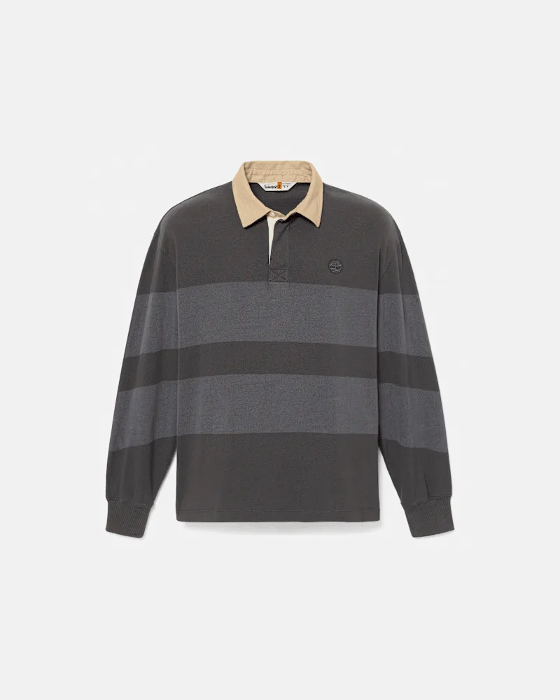 Timberland All Gender Langärmeliges gestreiftes Rugby-Polohemd in Schwarz, Schwarz, Größe Schwarz