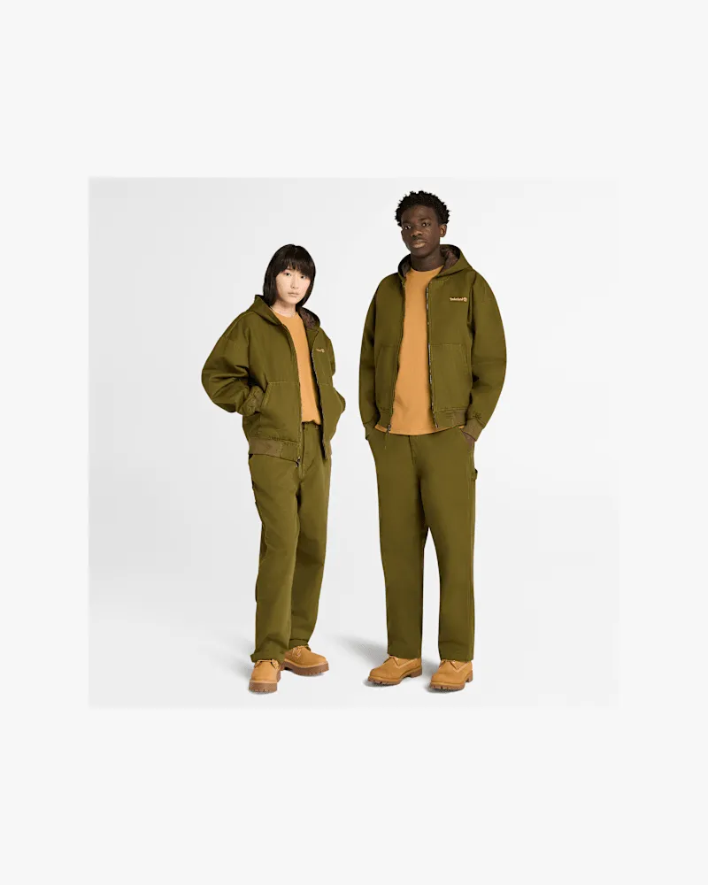 Timberland All Gender Bomberjacke aus gewaschenem Duck-Canvas mit Kapuze in Dunkelgrün, Grün, Größe Grün