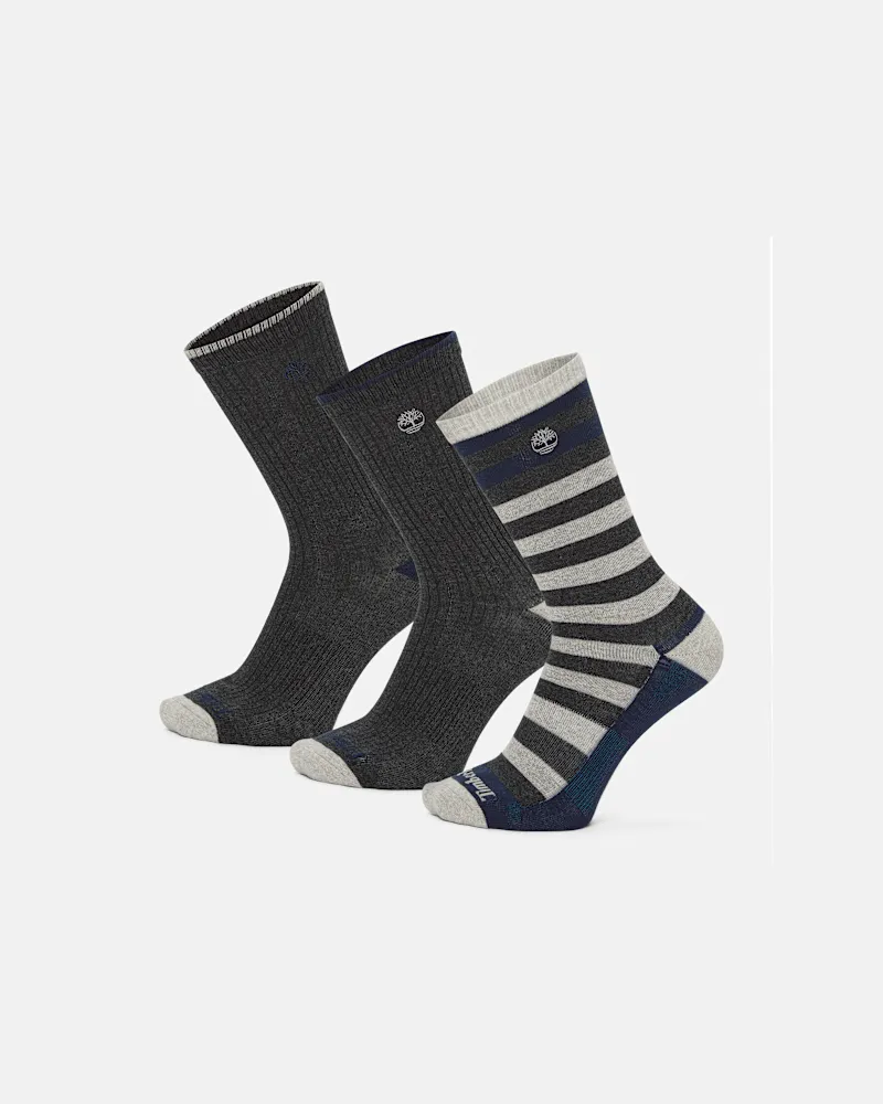 Timberland Gestreifte Timberland Craftsbury Crew-Socken im 3er-Pack für Herren in Dunkelgrau, Herren, Grau, Größe Grau