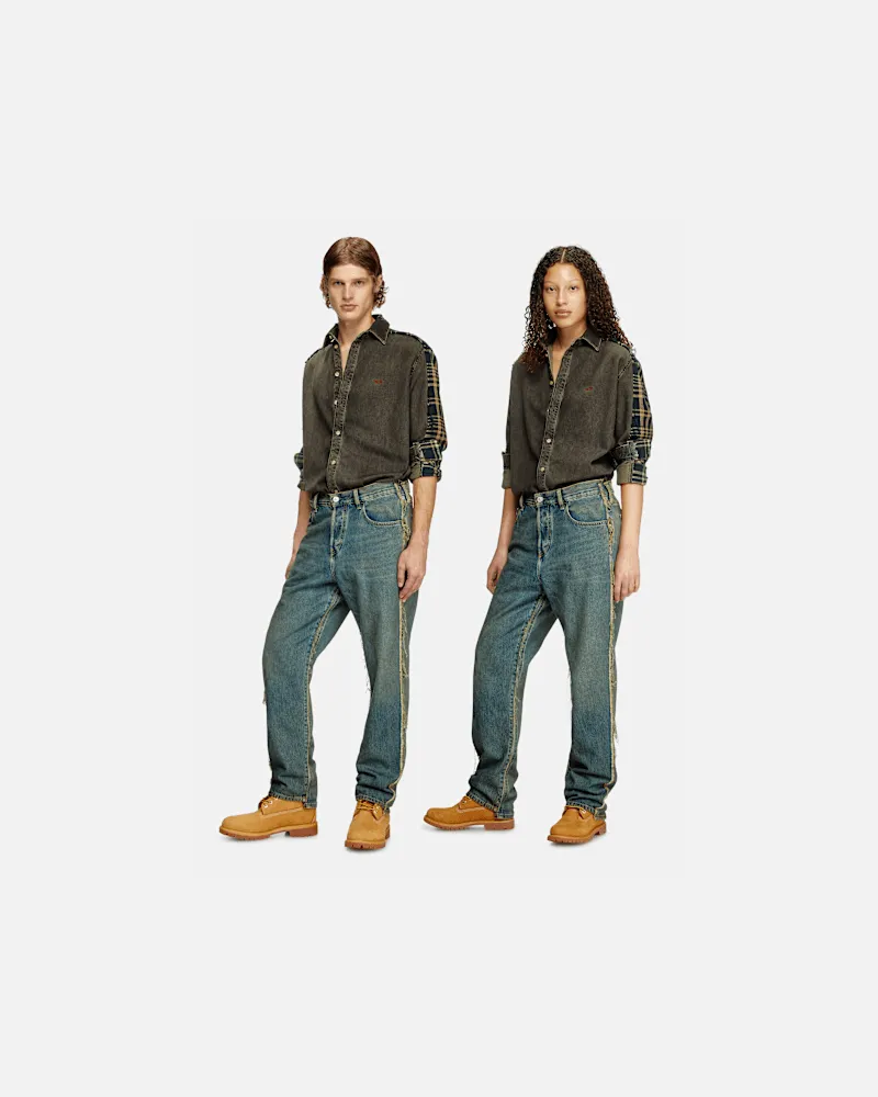 Timberland Überfärbtes Denim und Karo-Hemd, Blau, Größe Blau