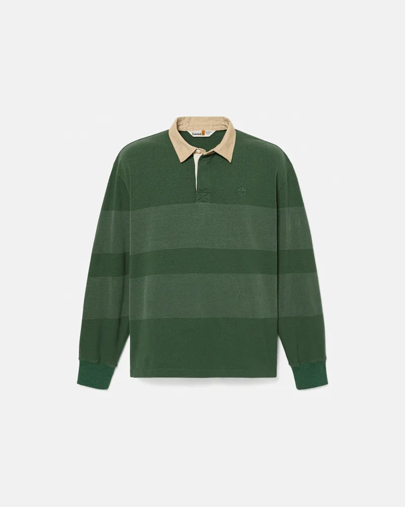 Timberland All Gender Langärmeliges gestreiftes Rugby-Polohemd in Dunkelgrün, Grün, Größe Grün