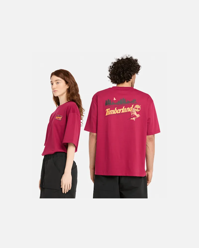 Timberland All Gender Kurzarm-T-Shirt mit Grafik in Dunkel Rot