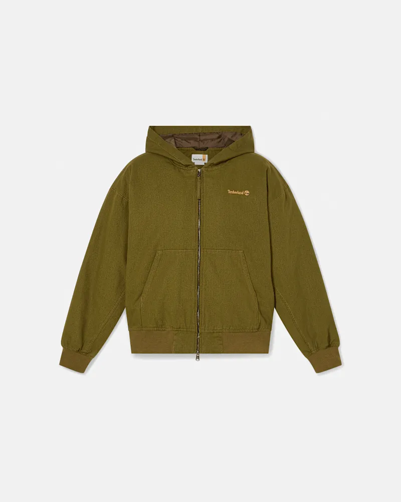 Timberland All Gender Bomberjacke aus gewaschenem Duck-Canvas mit Kapuze in Dunkelgrün, Grün, Größe Grün