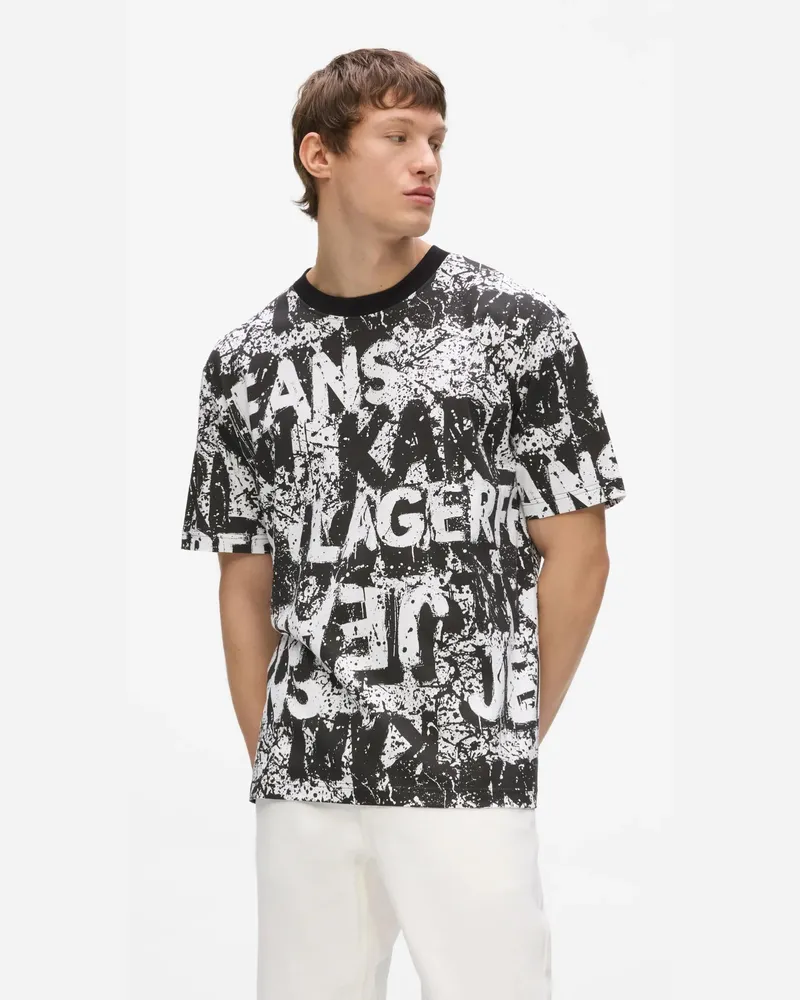 Karl Lagerfeld Legeres T-shirt Mit Graphischem Allover-print, Herren, Allover-print Mit Strukturiertem Logo – Schwarz, Größe Allover-print