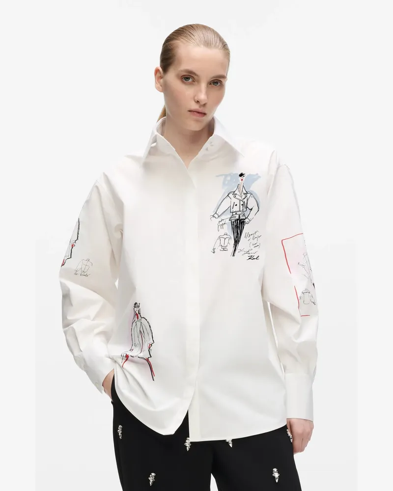 Karl Lagerfeld Exklusives Hemd Aus Baumwolle Mit Skizzenmuster, Female, Weiss, Size White