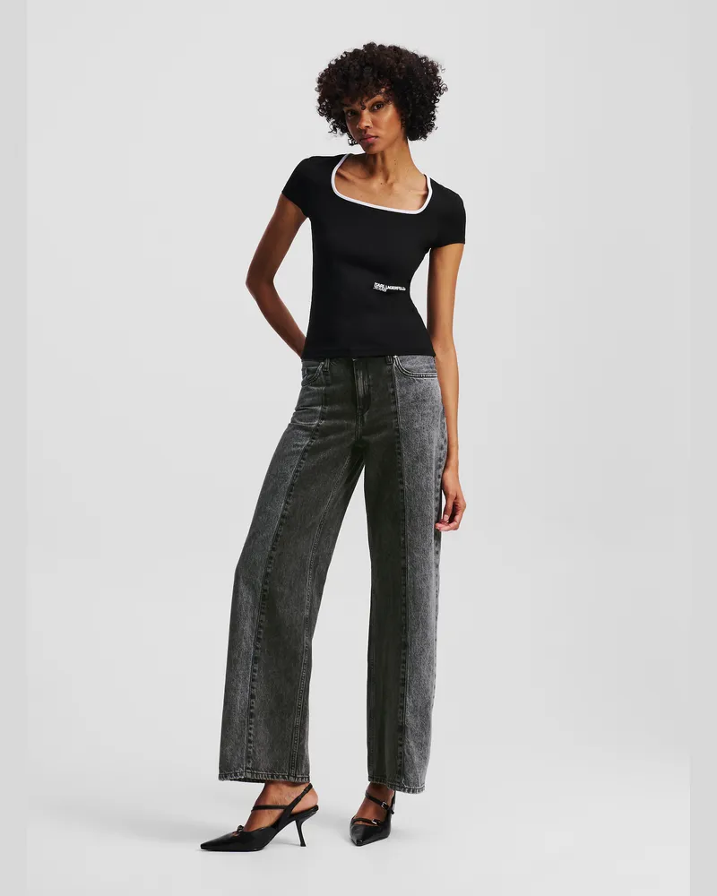 Karl Lagerfeld Zweifarbige Jeans Mit Legerer Passform Und Mittelhoher Taille, Frau, Washed Black Blocked, Größe Washed
