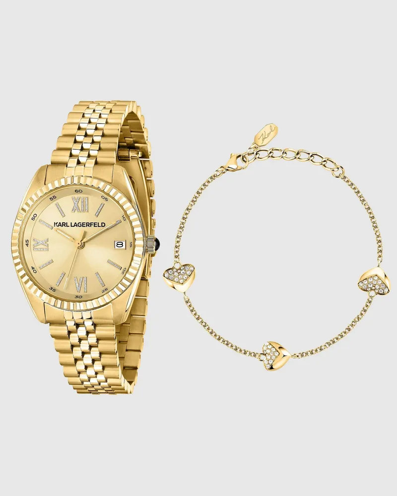 Karl Lagerfeld Set Aus Runder Logo-armbanduhr Und Armband Mit Herzanhänger, Damen, Gold, Größe Gold