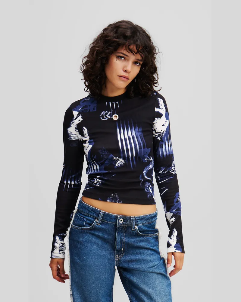 Karl Lagerfeld Langärmliges Top Mit Digital-print, Frau, All Over Midnight Collage-Muster, Größe All