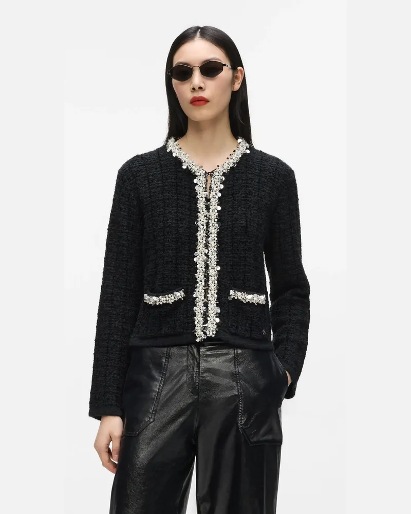 Karl Lagerfeld Strukturierte Strickjacke Mit Perlenbesatz, Damen, Schwarz, Größe Schwarz