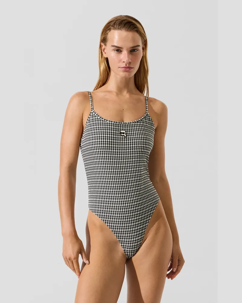 Karl Lagerfeld Ikon-badeanzug Mit Frechem Schnitt Und Gingham-muster, Female, Ikon Gingham-black, Size Multicoloured