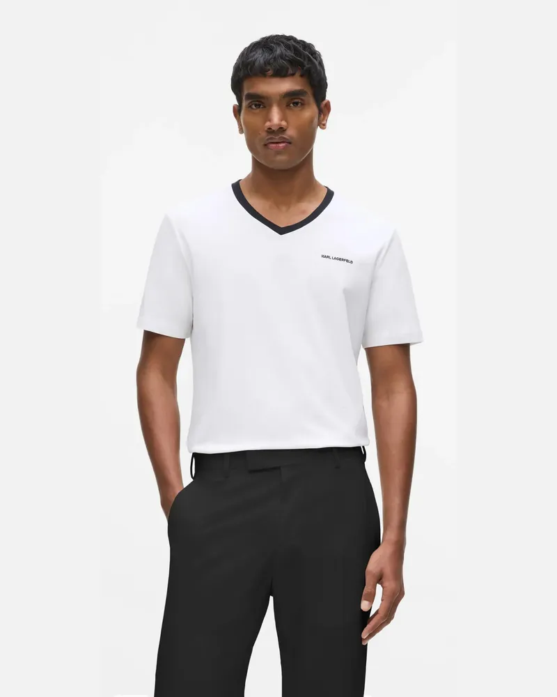 Karl Lagerfeld Kontrast V-ausschnitt T-shirt, Herren, Weiss, Größe Weiss