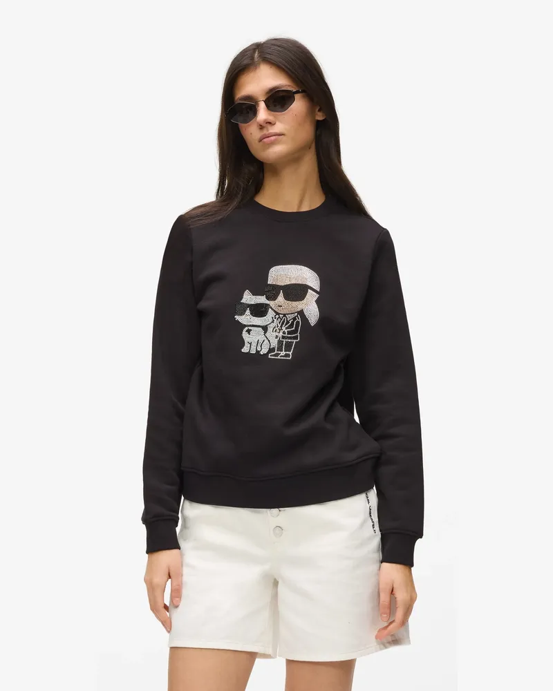 Karl Lagerfeld Ikon Karl & Choupette Sweatshirt Mit Strass, Damen, Schwarz, Größe Schwarz
