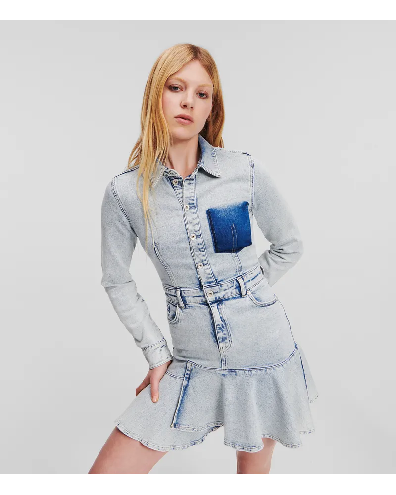 Karl Lagerfeld Klj denim-kleid mit Rüschen Am Saum, Frau, Hellblau Hellblau