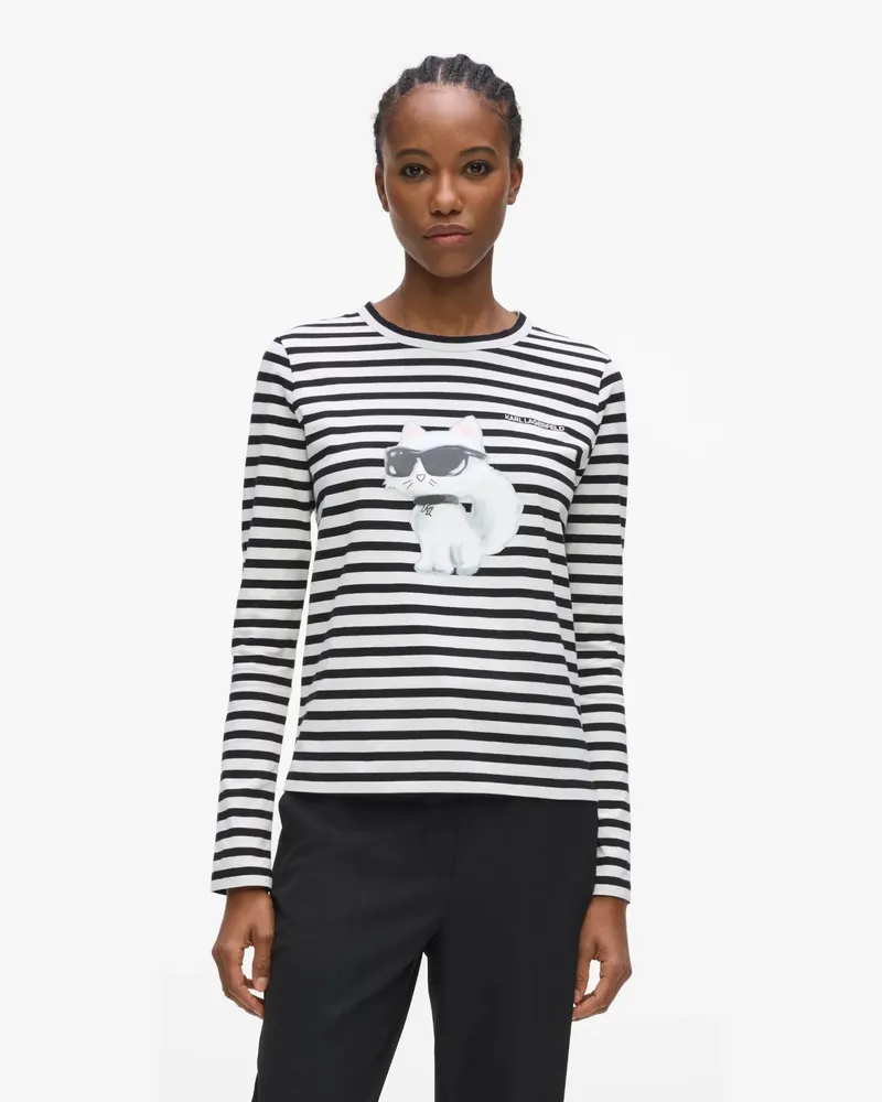 Karl Lagerfeld Ikon Aquarellstreifen-langarmshirt, Damen, Schwarz-cannoli Creme Gestreift, Größe Schwarz-cannoli