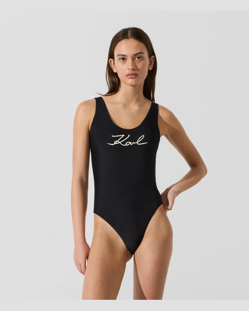 Karl Lagerfeld Signature Badeanzug, Damen, Schwarz, Größe Schwarz
