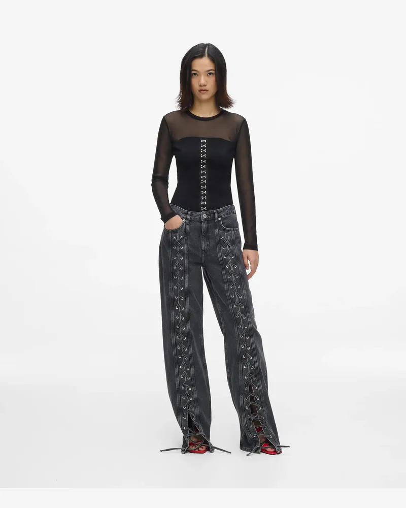 Karl Lagerfeld Legere Jeans Mit Mittelhohem Bund Und Schnürung, Damen, Stone Washed Schwarz, Größe Stone