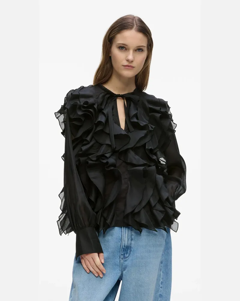 Karl Lagerfeld Bluse Mit Rüschen Aus Organza, Damen, Schwarz, Größe Schwarz