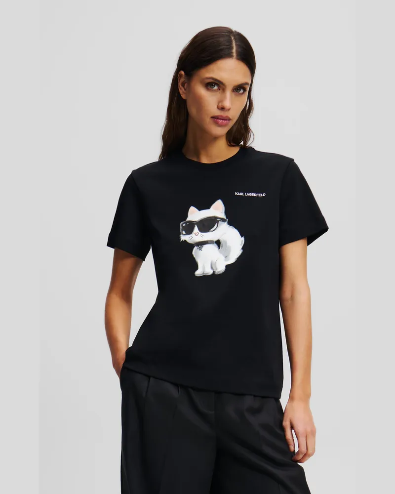Karl Lagerfeld Ikon Choupette Aquarell-t-shirt, Female, Schwarz, Size Black