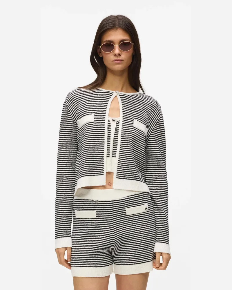 Karl Lagerfeld Ikon Gestreifte Strickjacke, Damen, Kleiner Streifen Schwarz-weiß, Größe: Xs Kleiner