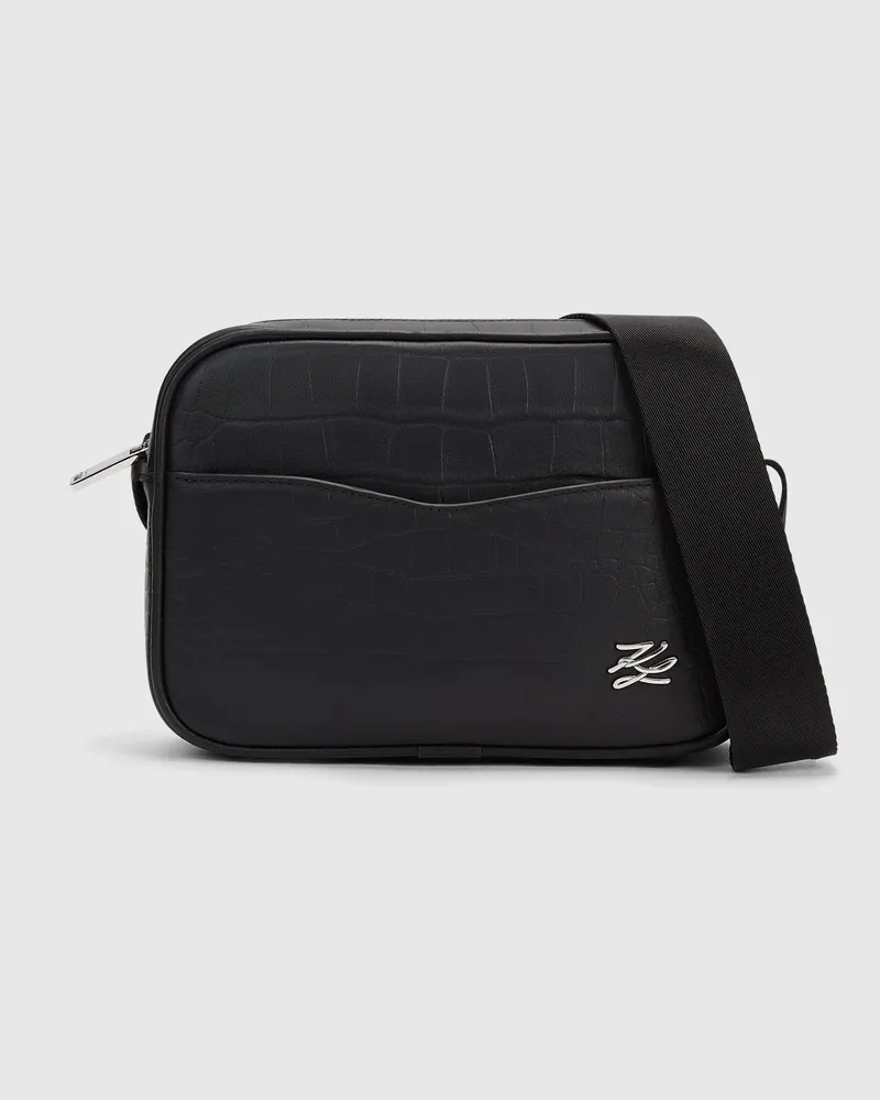 Karl Lagerfeld K/croc Leder-kameratasche, Male, Schwarz, Size Black