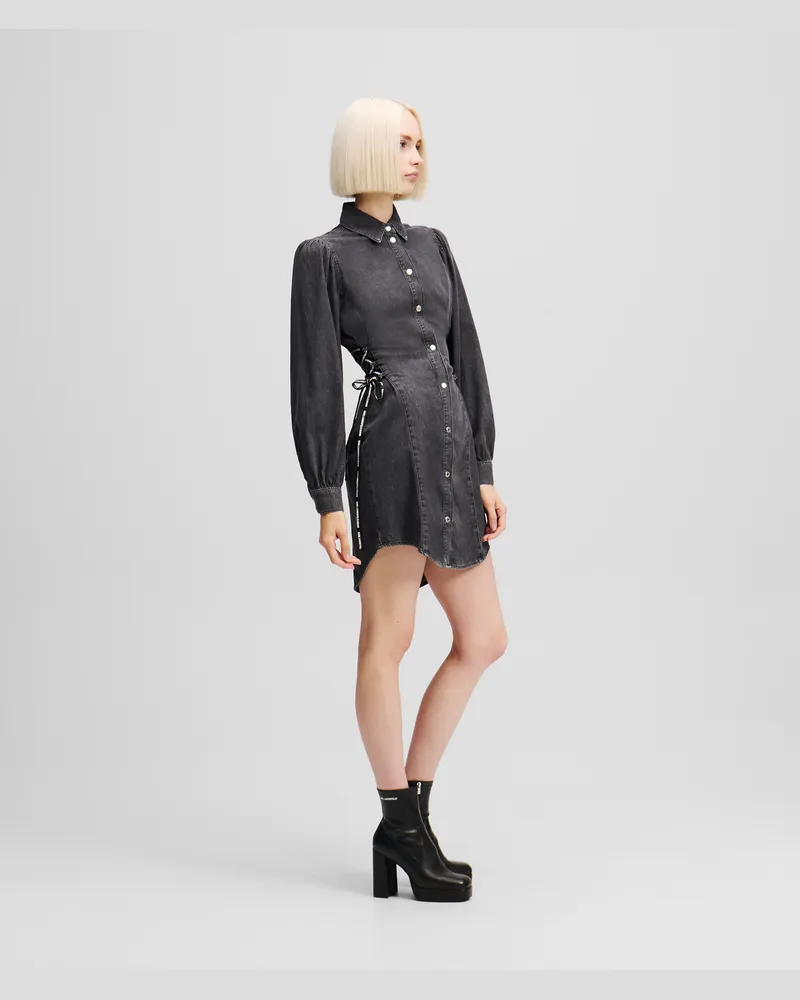 Karl Lagerfeld Hemdkleid Aus Denim Mit Bindebändern An Der Taille, Frau, Gewaschenes Schwarz, Größe Gewaschenes