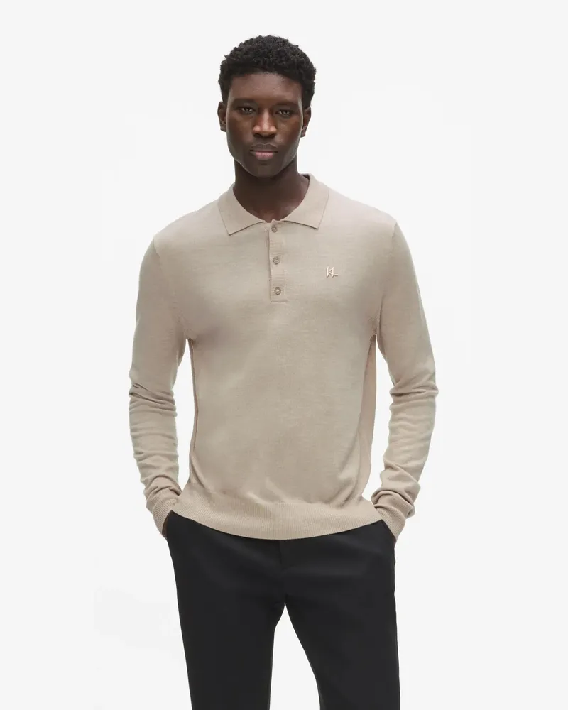 Karl Lagerfeld Langärmeliges Poloshirt Aus Merinowolle, Herren, Sandsteinmischung, Größe Sandsteinmischung
