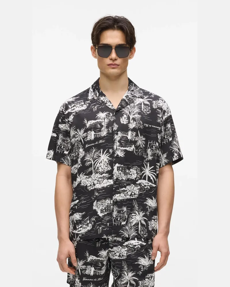 Karl Lagerfeld Kurzärmeliges Hemd Mit Allover-print, Herren, Schwarz, Größe Schwarz