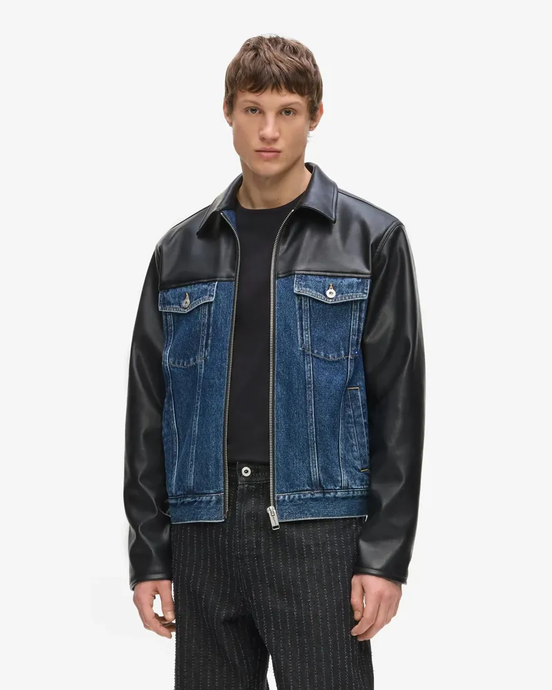 Karl Lagerfeld Jacke Aus Kunstleder Und Denim, Herren, Verwaschenes Dunkelblau-schwarz, Größe Verwaschenes