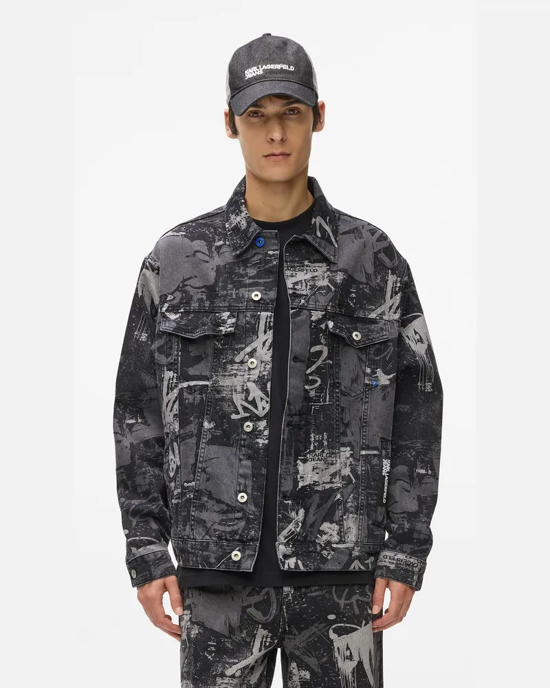Karl Lagerfeld Jeansjacke Im Farbeffekt, Herren, Gewaschenes Schwarzes All-over-print, Größe Gewaschenes