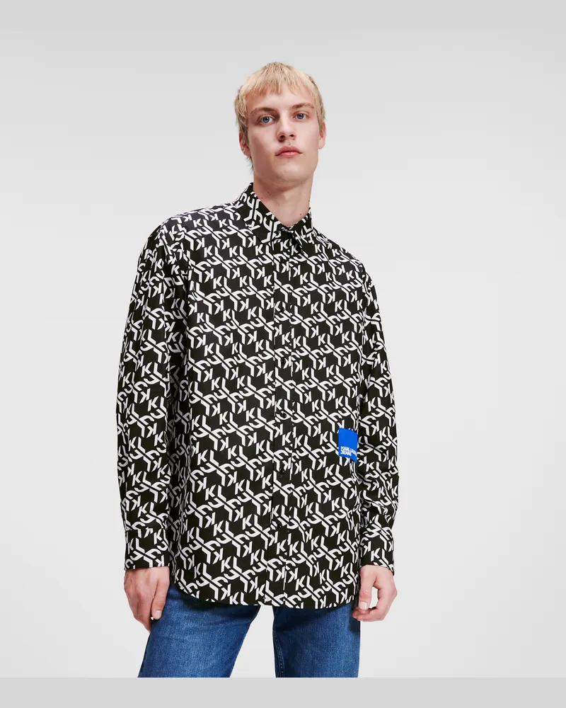 Karl Lagerfeld Monogram-hemd, Mann, Schwarz Weiss Durchgehender mehrfarbiger Print, Größe Schwarz