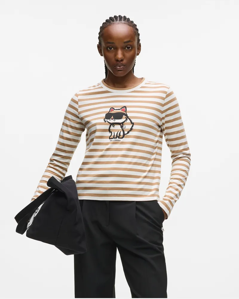 Karl Lagerfeld Ikon Langarm-t-shirt Mit Streifen, Damen, Cannoli Cream-black Coffee, Größe: Xs Cannoli