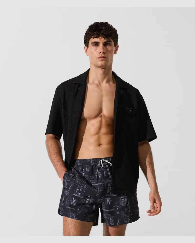 Karl Lagerfeld Strukturiertes Strand-shirt, Herren, Schwarz, Größe Schwarz