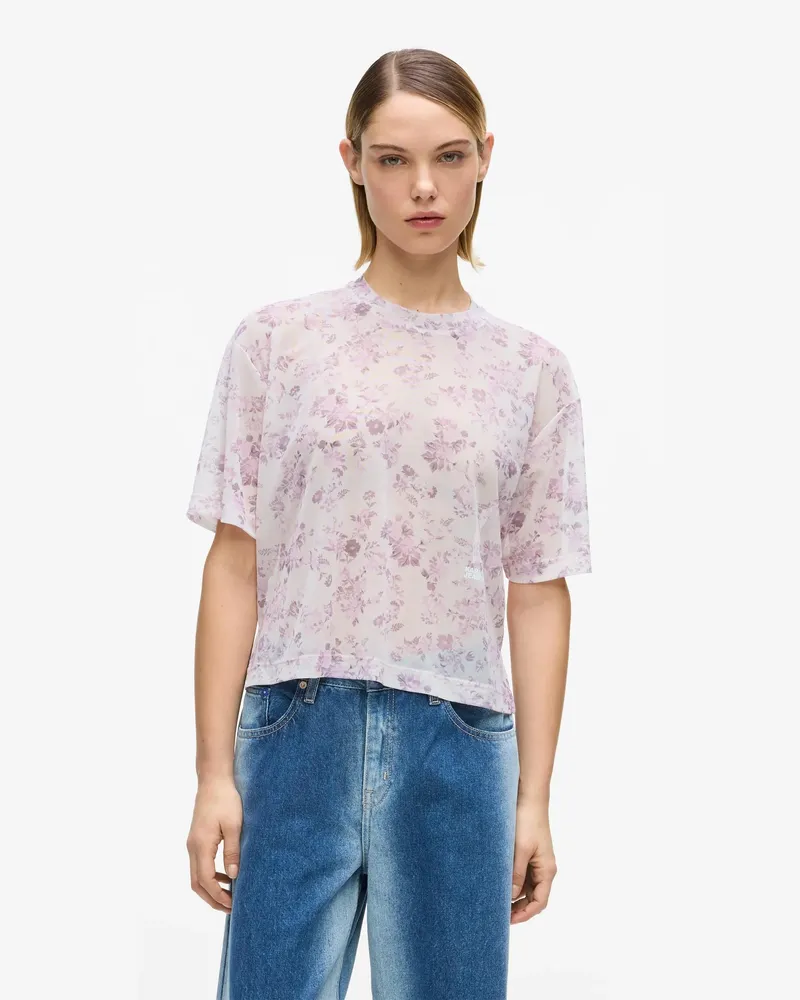 Karl Lagerfeld Kurzärmeliges T-shirt Mit Netzstoff Und Blumenmuster, Damen, Gartenlichtung, Größe Gartenlichtung