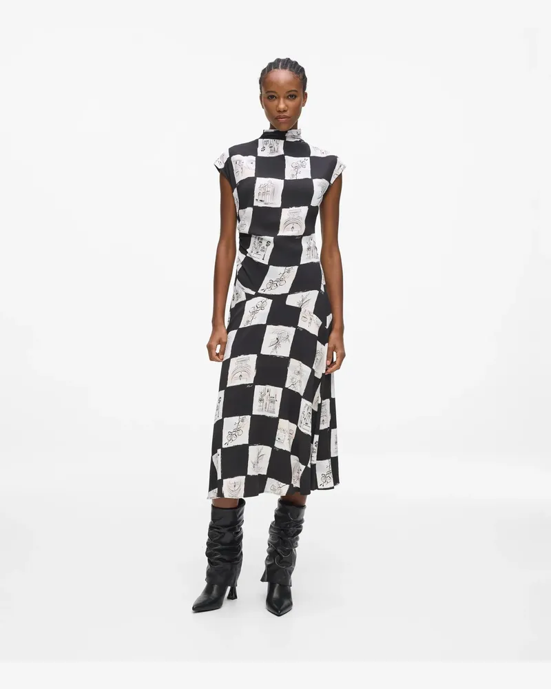 Karl Lagerfeld Midi-kleid Mit Hohem Kragen, Damen, Schachbrettmuster-allover-print, Größe Schachbrettmuster-allover-print