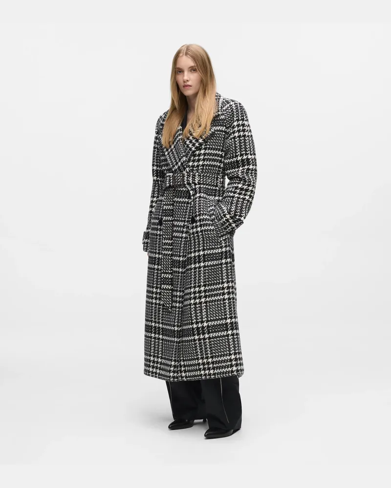 Karl Lagerfeld Langer Mantel Aus Wollmischung Mit Hahnentrittmuster, Damen, Black-white Houndstooth, Größe Black-white