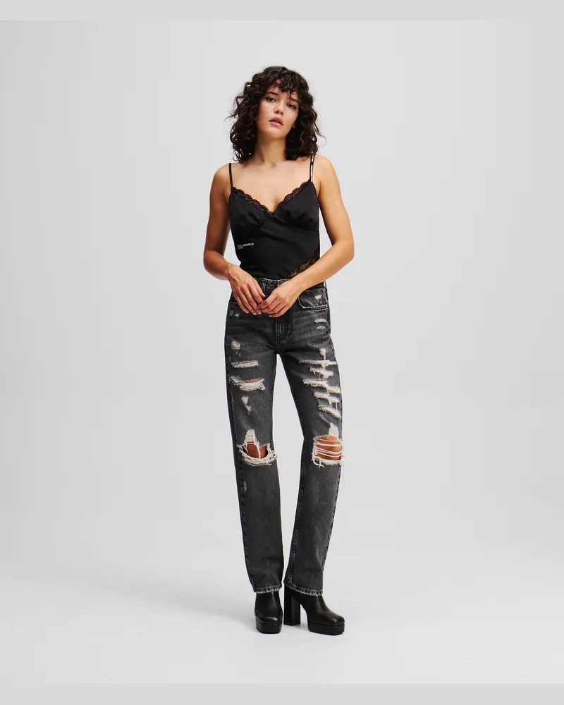 Karl Lagerfeld Gerade Geschnittene Distressed-jeans Mit Hohem Bund, Frau, Schwarz Destruiert, Größe Schwarz