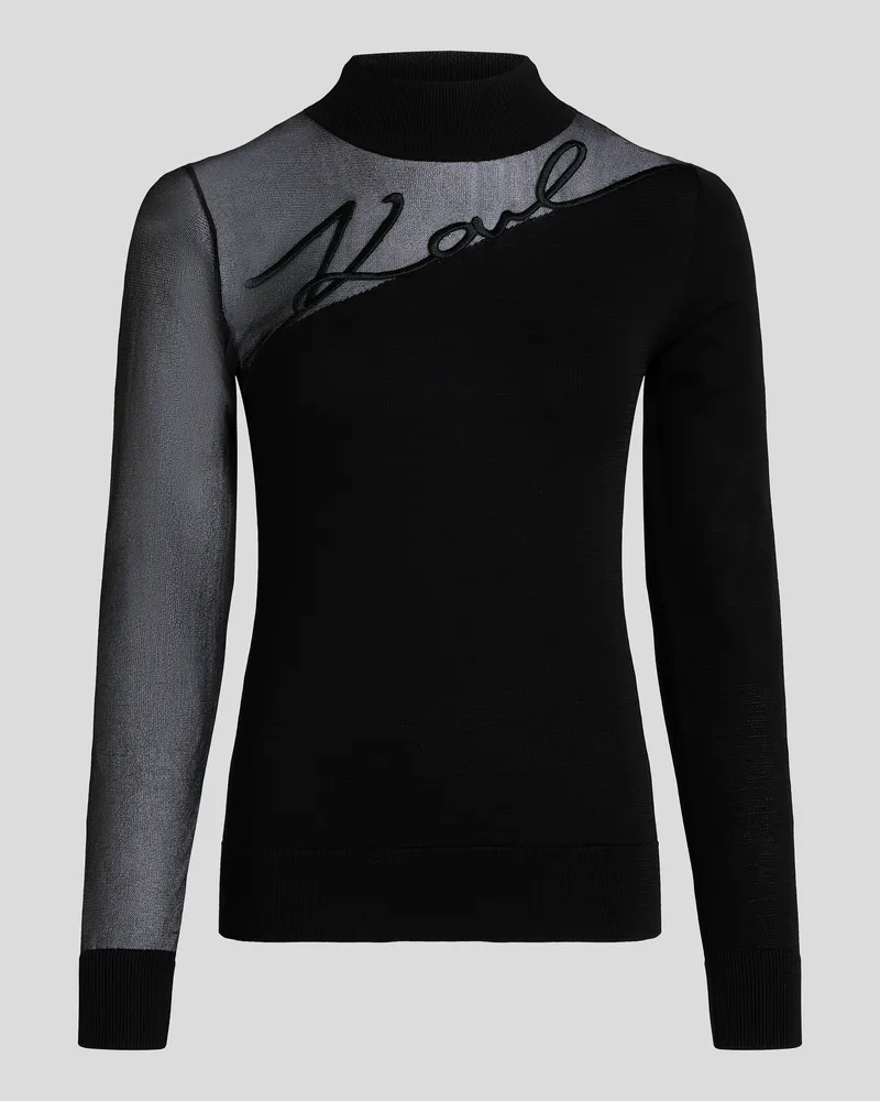 Karl Lagerfeld Signature Strickoberteil Mit Netzeinsatz, Frau, Schwarz, Größe Schwarz