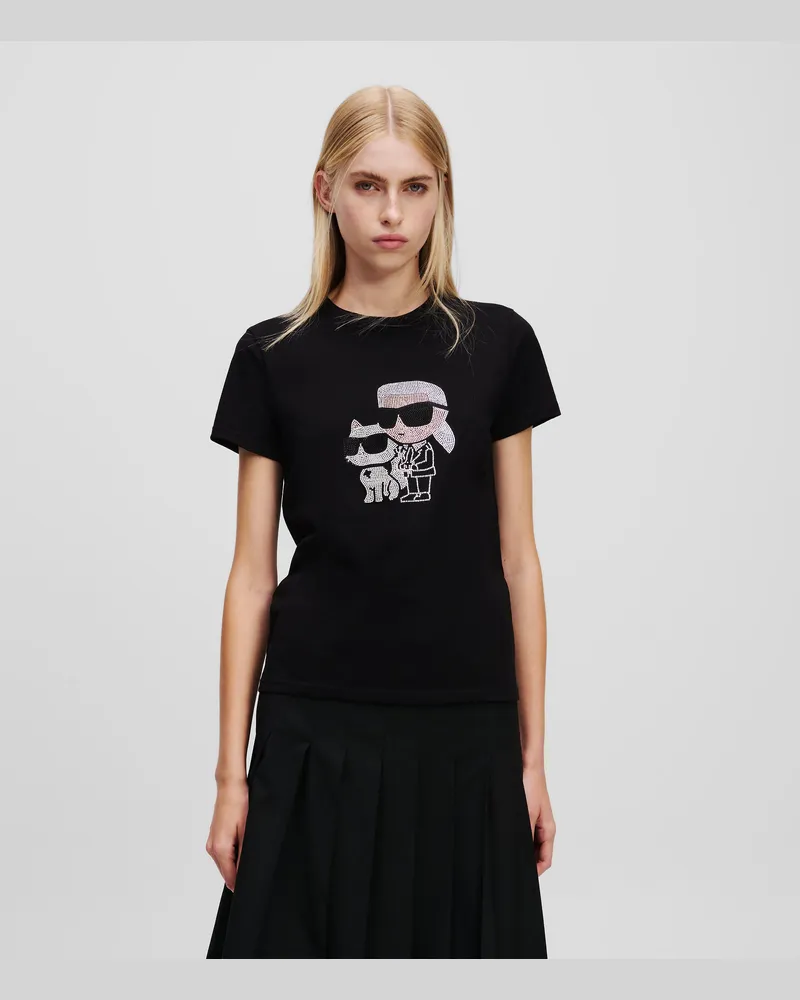 Karl Lagerfeld Ikon Karl & Choupette T-shirt Mit Strass, Damen, Schwarz, Größe Schwarz