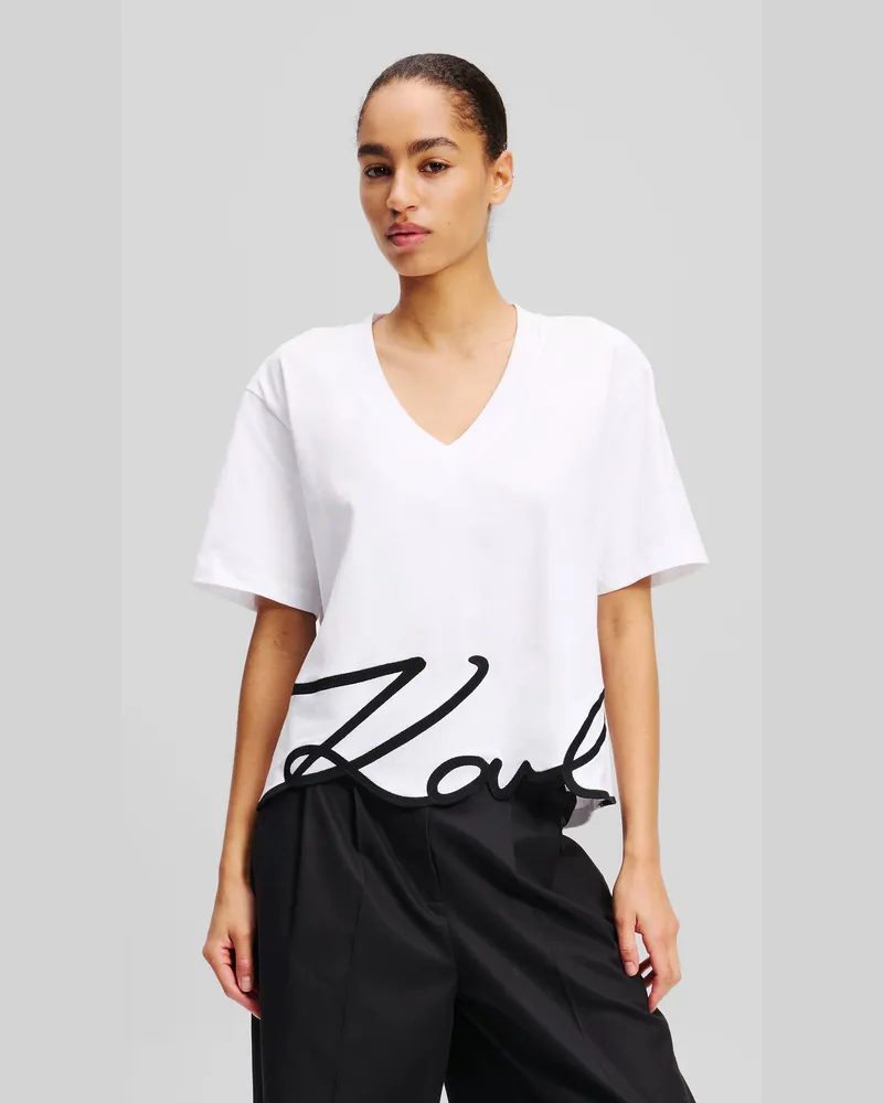 Karl Lagerfeld Signature T-shirt Mit V-ausschnitt, Damen, Weiss, Größe Weiss