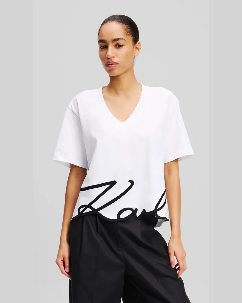 Karl Lagerfeld Signature T-shirt Mit V-ausschnitt, Frau, Weiss, Größe Weiss