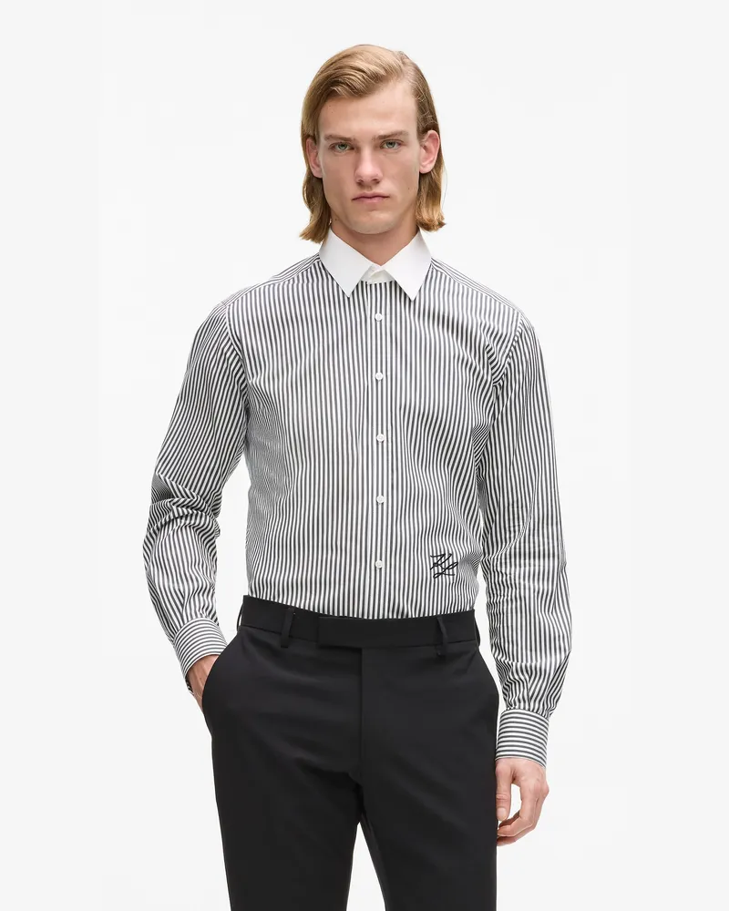 Karl Lagerfeld Gestreiftes Hemd Mit Kontrastierendem Kragen, Herren, Schwarz, Größe Schwarz