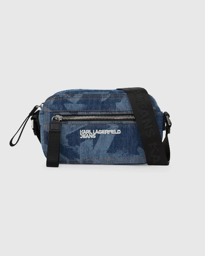 Karl Lagerfeld Kameratasche Aus Denim Mit Monogramm, Herren, Blauer Denim Mit Allover-print, Größe Blauer