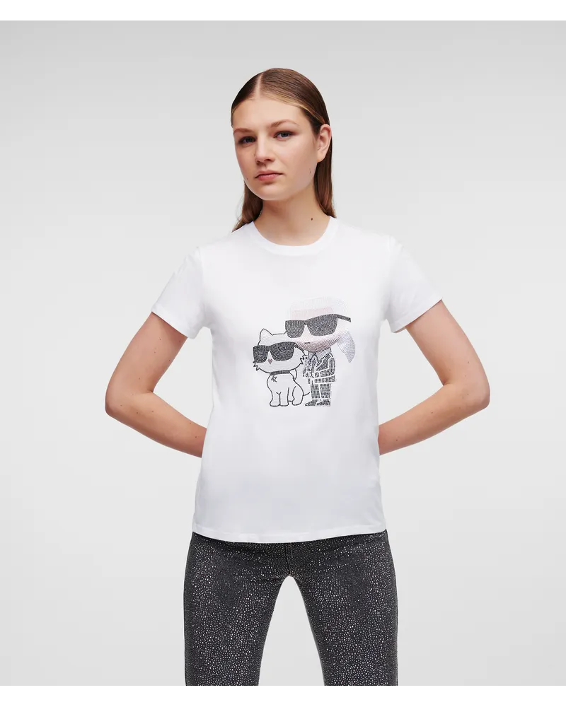 Karl Lagerfeld Karl Ikonik -karl-&-choupette-t-shirt mit Strass, Frau, Weiss Weiss