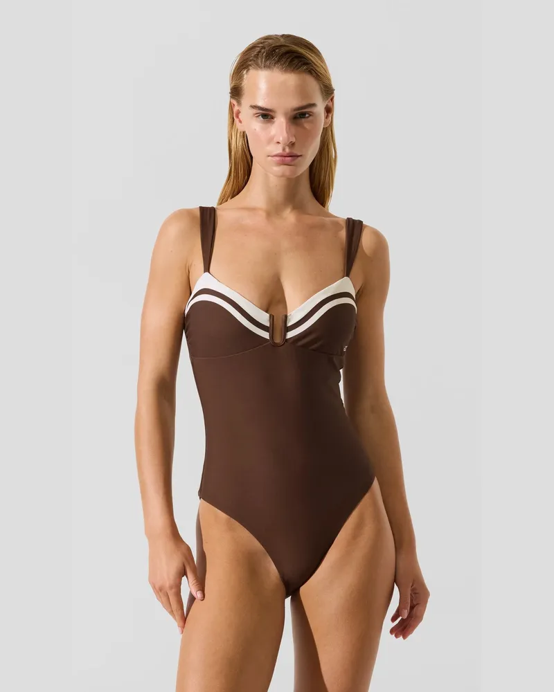 Karl Lagerfeld Signature-badeanzug Mit Kontrastfarbenem Besatz, Female, Kastanie, Size Brown
