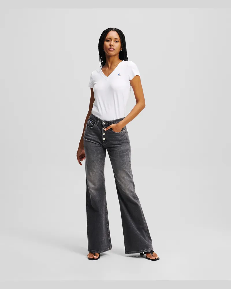 Karl Lagerfeld Hoch Geschnittene Denim-schlaghose Mit Knopfverschluss, Frau, Visual Washed Schwarz, Größe Visual